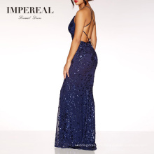 Navy Maxi Sex Lady Dubai Sequin Backless Evening Dress For Party